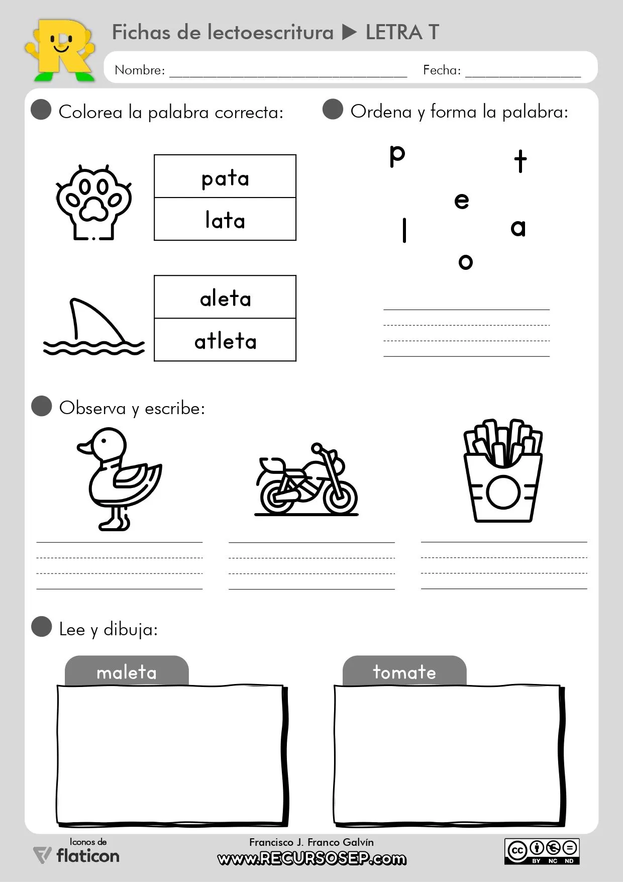 Fichas de LECTOESCRITURA – Letra T (Letra ligada e imprenta) Fichas de LECTOESCRITURA – Letra T (Letra ligada e imprenta)