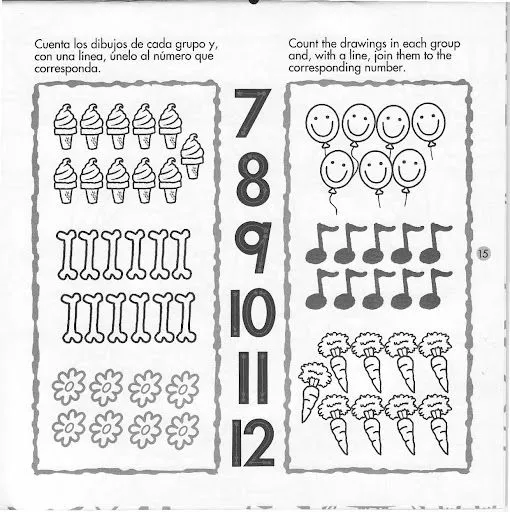 FICHAS CON LOS NUMEROS DEL 1 AL 12 EN INGLES PARA PINTAR