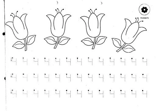 FICHAS PARA PINTAR Y APRENDE EL NUMERO 4