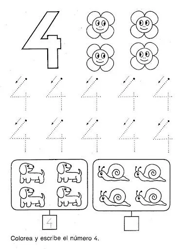 FICHAS PARA PINTAR Y APRENDE EL NUMERO 4 | FICHAS PARA PINTAR ...