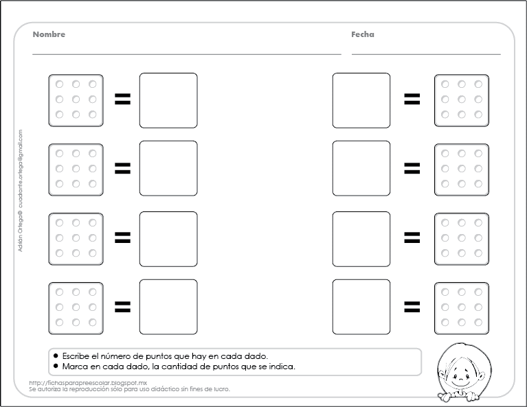 Fichas para preescolar: Dados para representar cantidades Fichas para preescolar: Dados para representar cantidades