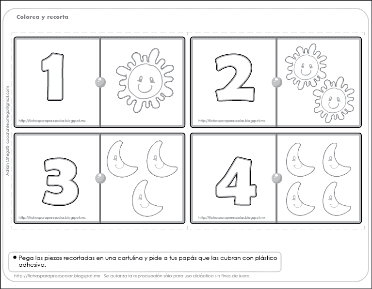 Fichas para preescolar: Números y dominó para colorear
