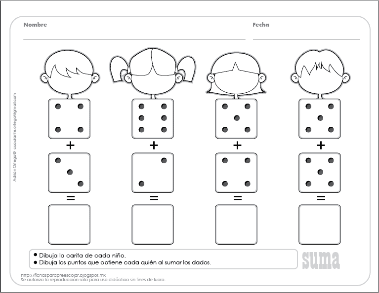 Fichas para preescolar: Sumas y números con dados