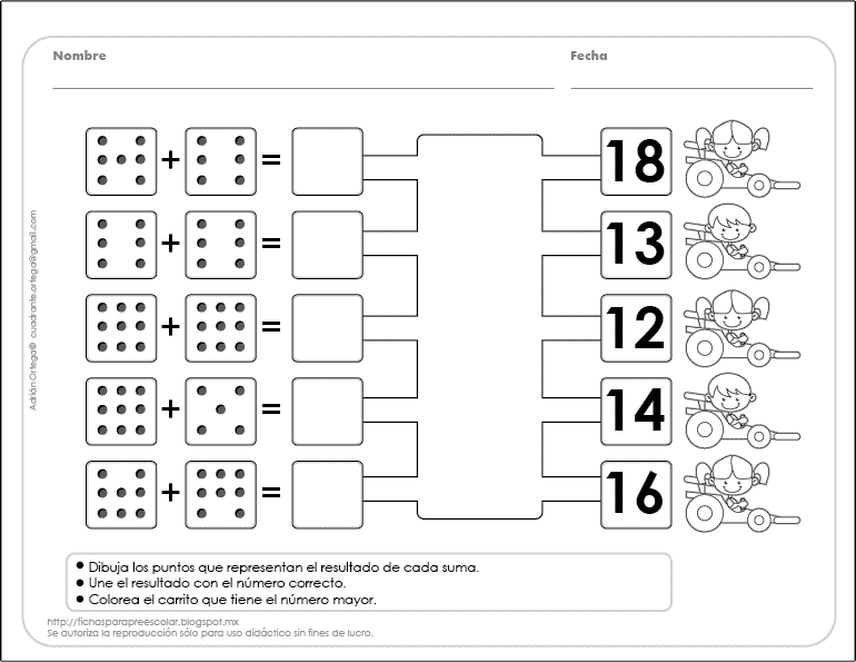 Fichas para preescolar: Sumas y números con dados