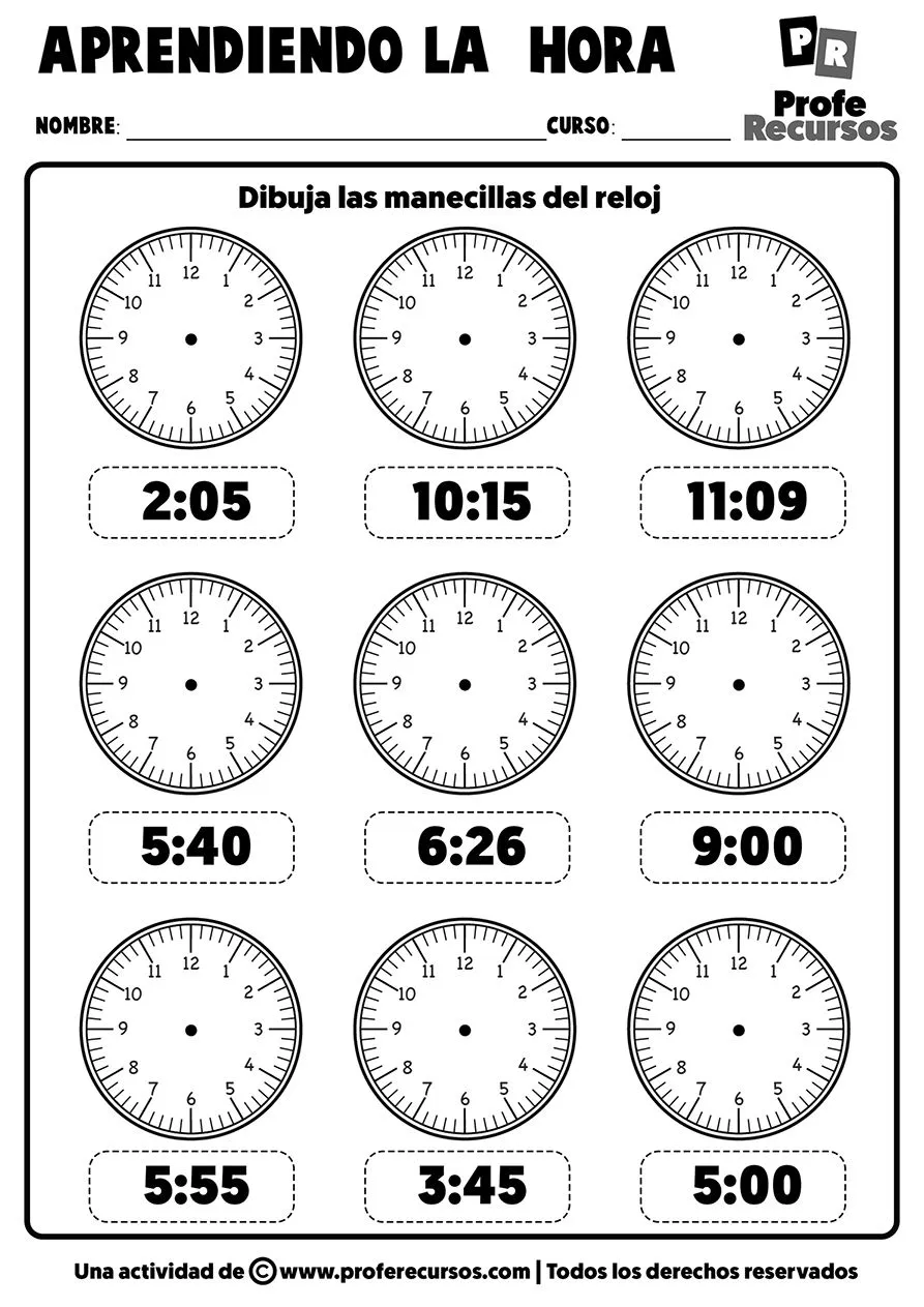 Fichas para Aprender La Hora | Relojes Analógicos con Manecillas