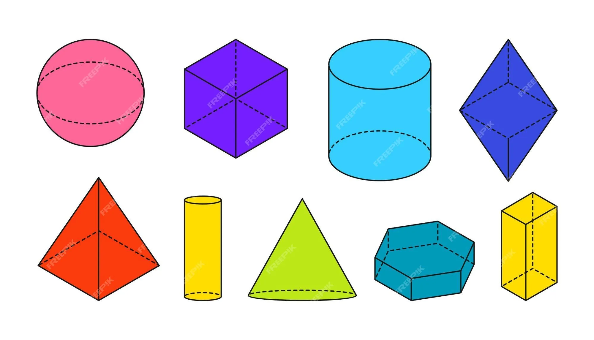 Figuras geométricas básicas volumétricas planas coloreadas, contorno negro,  figura simple en d con líneas de forma invisible discontinua, vistas  isométricas, esfera, cubo, cilindro, cono y otra ilustración vectorial  aislada | Vector Premium