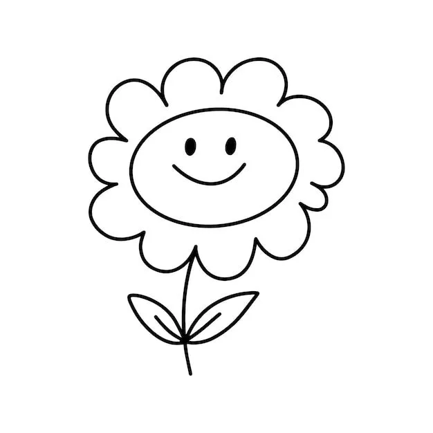 Flor de manzanilla con pétalos en un tallo con hojas con ojos y una sonrisa para colorear dibujos animados lineales | Vector Premium Flor de manzanilla con pétalos en un tallo con hojas con ojos y una sonrisa para colorear dibujos animados lineales | Vector Premium