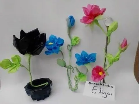 como hacer flores con bolsas de plastico reciclaje - YouTube