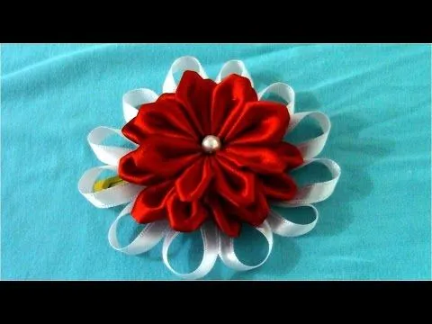 Flores Kanzashi hermosas rojas y blancas en tres capas - YouTube