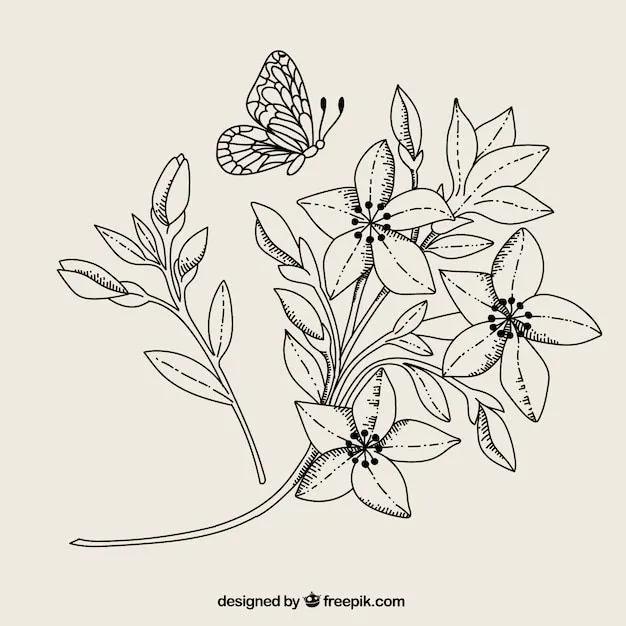 Flores y mariposas en blanco y negro | Descargar Vectores gratis