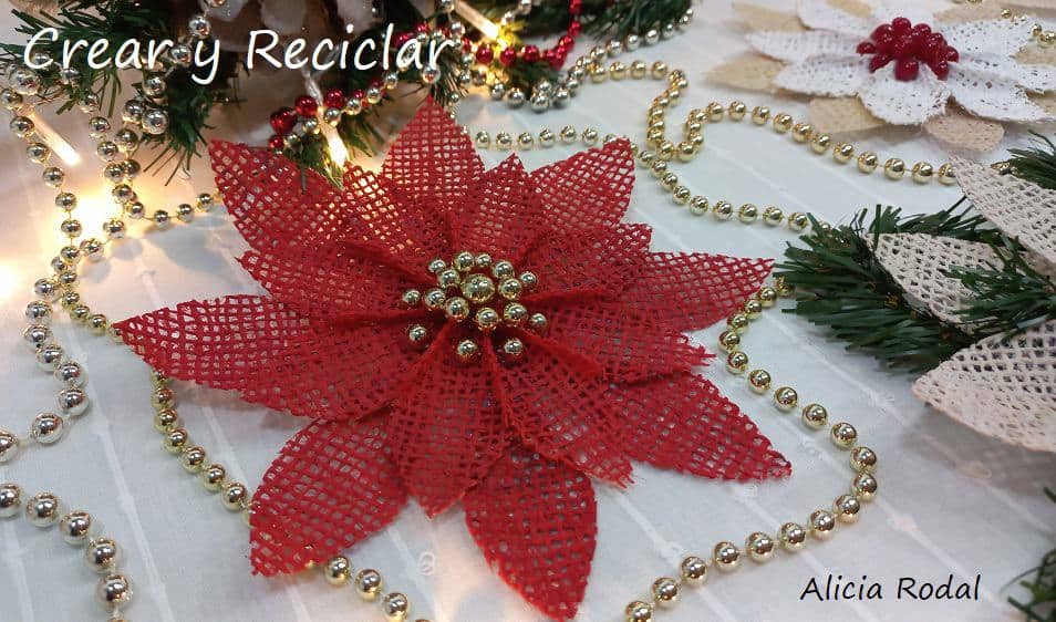 Como hacer Flores de Navidad con tela de yute 5 ideas Parte 2 - Crear y Reciclar Como hacer Flores de Navidad con tela de yute 5 ideas Parte 2 - Crear y Reciclar