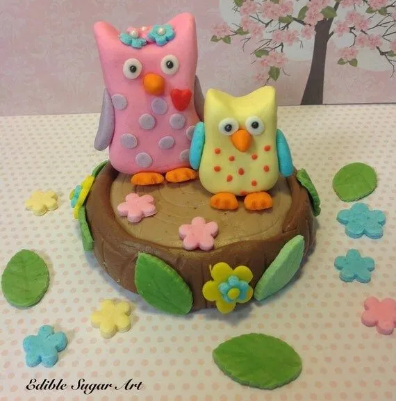 Fondant Mama Owl and Baby shower Cake Topper by EdibleSugarArt