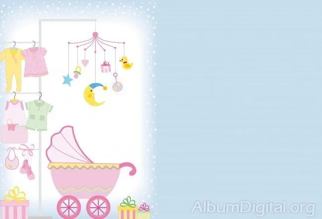 Fondo para álbum de bebés con dibujos de ropa y carrito Fondo para álbum de bebés con dibujos de ropa y carrito