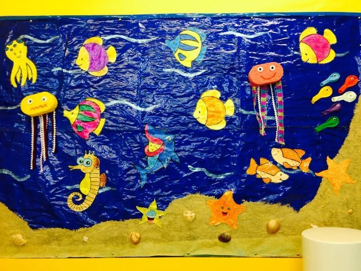 Fondo del mar con serrin, papel celofan azul y peces hechos por ... Fondo del mar con serrin, papel celofan azul y peces hechos por ...