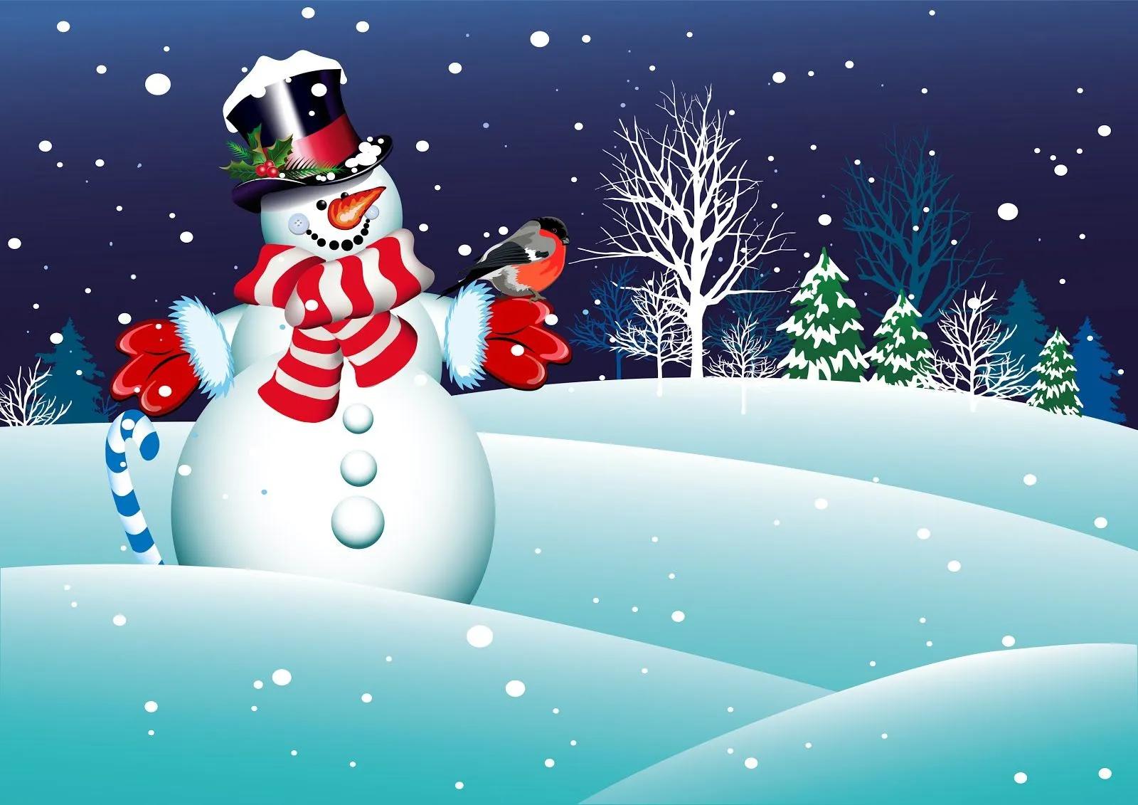 Fondo navideño con hermoso muñeco de nieve y aves | Banco de Imagenes Fondo navideño con hermoso muñeco de nieve y aves | Banco de Imagenes