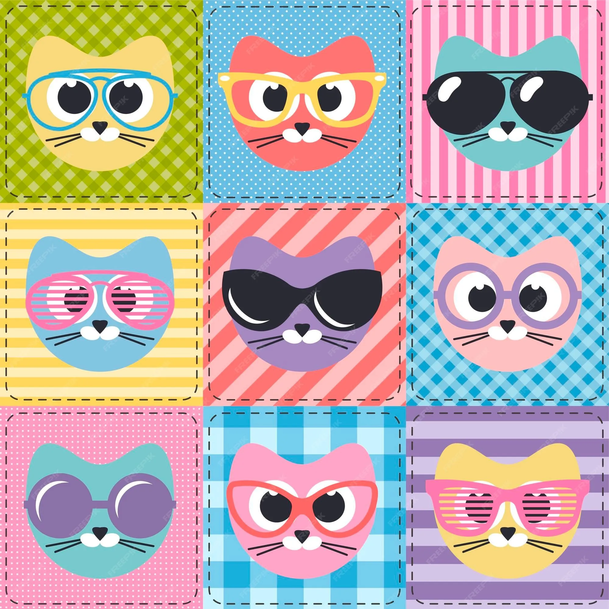 Fondo de patchwork con lindos gatos y gafas de sol | Vector Premium