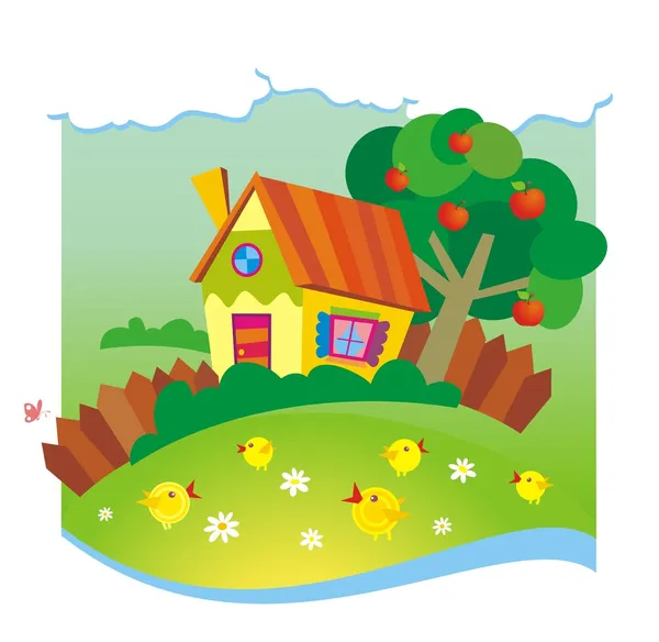 Fondo de verano con casita y pollos — Vector stock © aml-rada #3578108 Fondo de verano con casita y pollos — Vector stock © aml-rada #3578108
