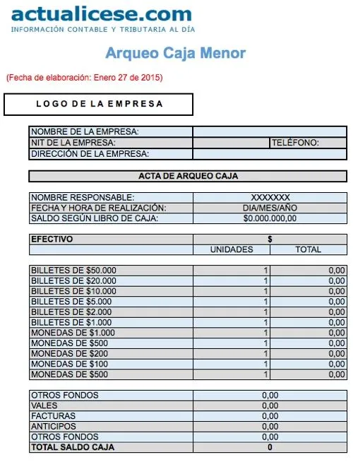 Formato] Arqueo caja menor | Modelos y Formatos - actualicese.com