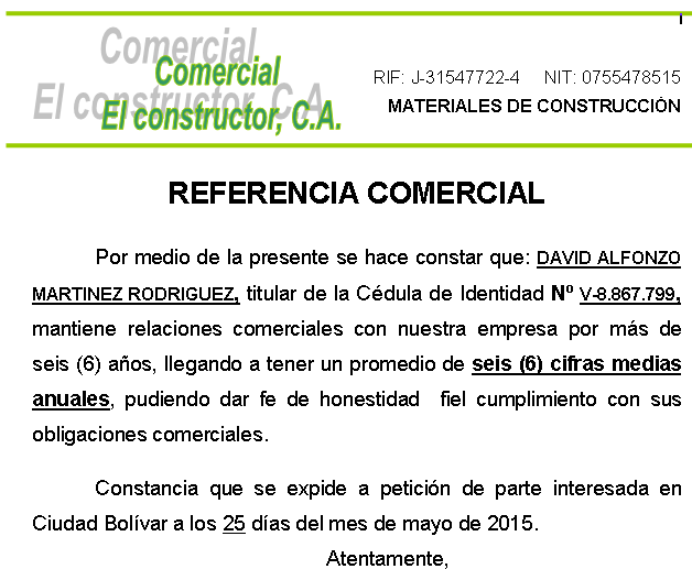 FORMATOS Y MODELOS LEGALES: Formato y modelo referencia comercial