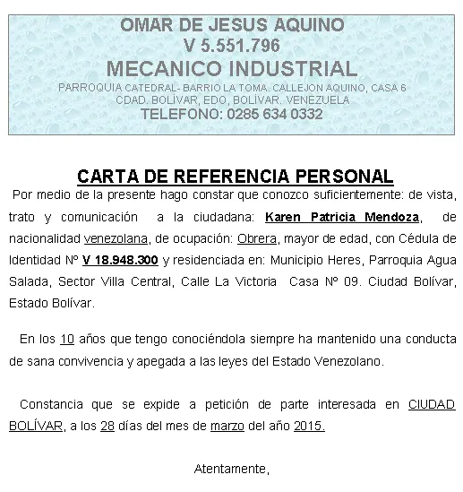 FORMATOS Y MODELOS LEGALES: Modelo Carta referencia personal