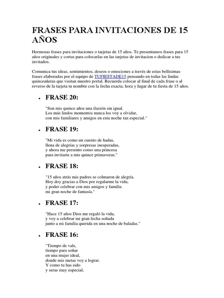 Frases para Invitaciones de 15 Años | PDF | Ocio Frases para Invitaciones de 15 Años | PDF | Ocio