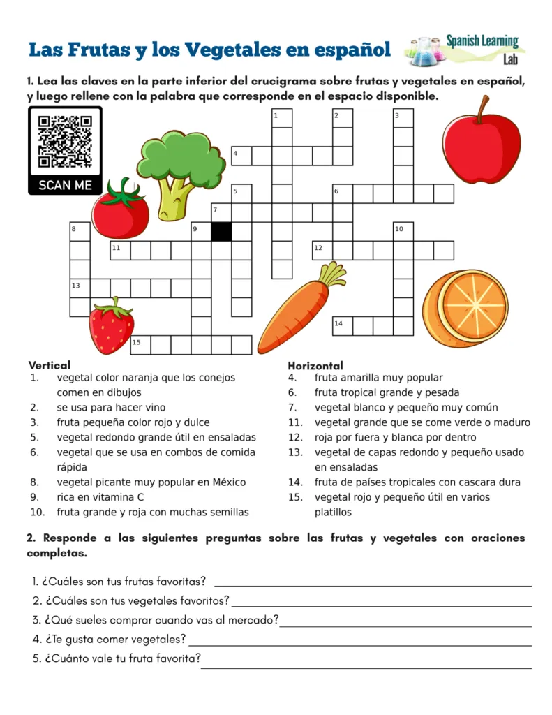 Las frutas y los vegetales en español - Crucigrama PDF - Spanish Learning Lab Las frutas y los vegetales en español - Crucigrama PDF - Spanish Learning Lab