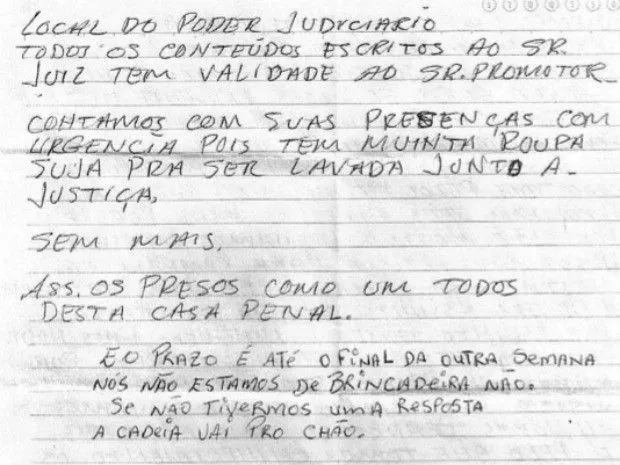 G1 - Presos escrevem cartas e ameaçam entrar em rebelião no ... G1 - Presos escrevem cartas e ameaçam entrar em rebelião no ...