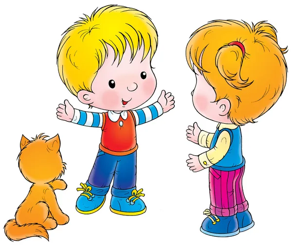 Gato sentado un niño hablando con una chica — Foto stock ... Gato sentado un niño hablando con una chica — Foto stock ...