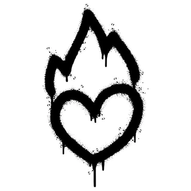 Graffiti pintado con spray icono de llama del corazón rociado aislado con un graffiti de fondo blanco símbolo de fuego de amor con spray en negro sobre blanco ilustración vectorial | Vector Graffiti pintado con spray icono de llama del corazón rociado aislado con un graffiti de fondo blanco símbolo de fuego de amor con spray en negro sobre blanco ilustración vectorial | Vector