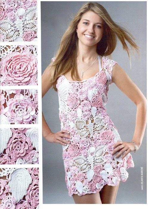 Graficos y Crochet: Vestido en crochet ruso bco rosa