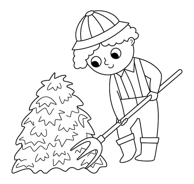 Granjero de vector blanco y negro con icono de horquilla de heno niño de contorno lindo haciendo trabajo agrícola carácter de país rural niño recogiendo heno ilustración de granja divertida o página Granjero de vector blanco y negro con icono de horquilla de heno niño de contorno lindo haciendo trabajo agrícola carácter de país rural niño recogiendo heno ilustración de granja divertida o página