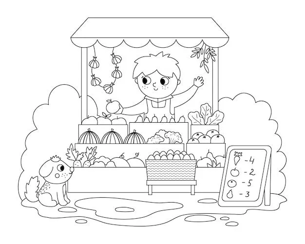 Granjero de vector blanco y negro que vende frutas y verduras en un icono de puesto callejero escena de mercado de granja de contorno lindo vendedor de campo rural ilustración de vendedor Granjero de vector blanco y negro que vende frutas y verduras en un icono de puesto callejero escena de mercado de granja de contorno lindo vendedor de campo rural ilustración de vendedor