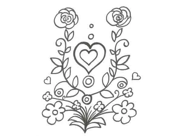 Dibujo de un corazón y flores para pintar con niños