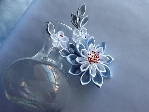 Hair Clip - Baby Blue Light Blue White Silver Kanzashi Flowers ...