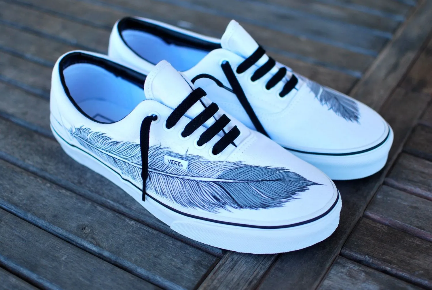 Hand Painted Native Eagle Feather on White Vans by BStreetShoes