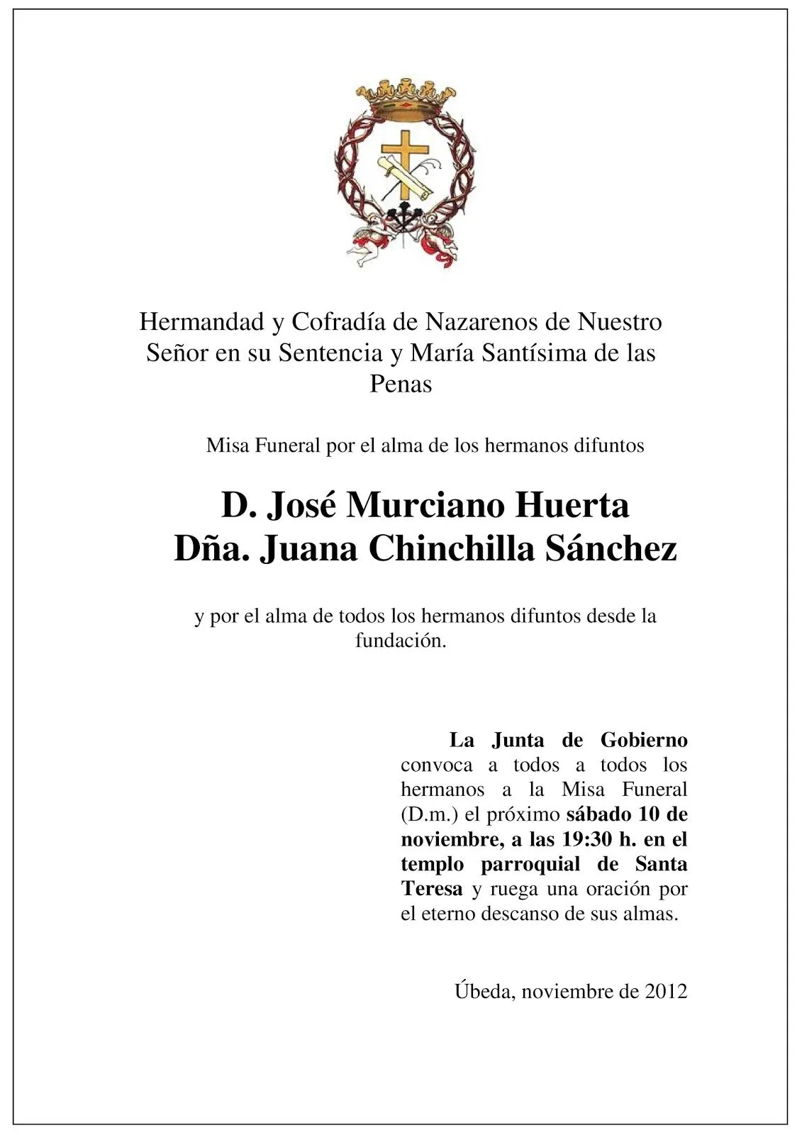 Hermandad de la Sentencia de Úbeda: Misa funeral difuntos 2012