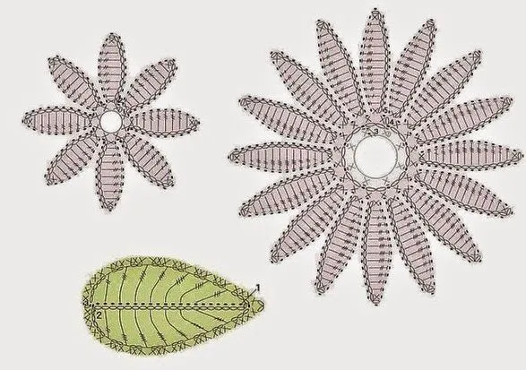 Hermosa flor con hoja tejida al crochet - con esquema | Crochet y ... Hermosa flor con hoja tejida al crochet - con esquema | Crochet y ...