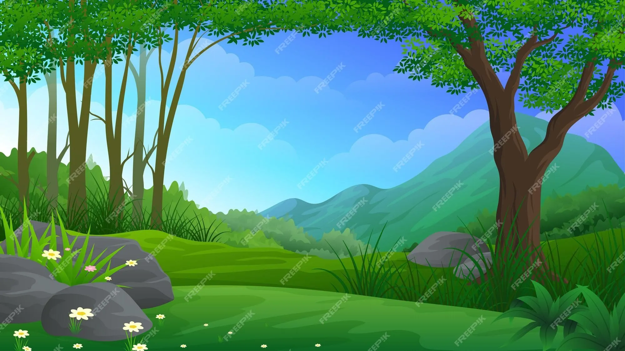 Hermoso bosque tropical o colina con hierba verde, árboles y dibujos animados de montaña | Vector Premium Hermoso bosque tropical o colina con hierba verde, árboles y dibujos animados de montaña | Vector Premium