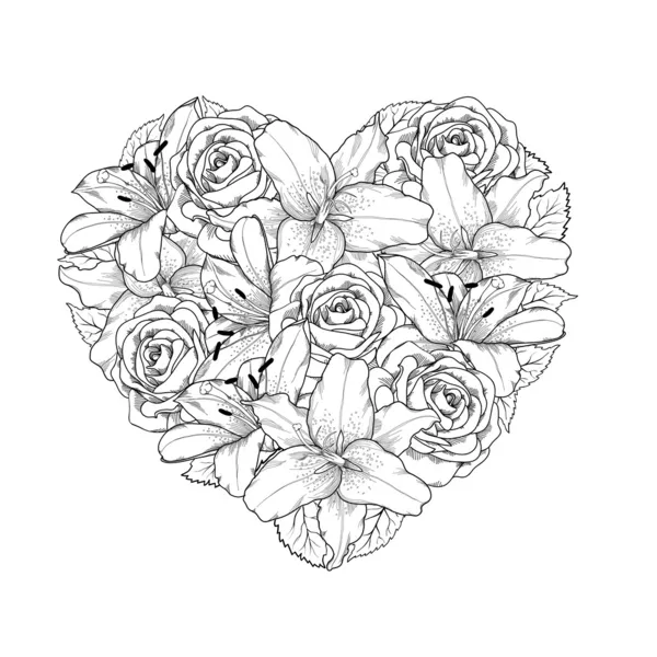 Hermoso corazón adornado por flores, rosas y lirios de color ...