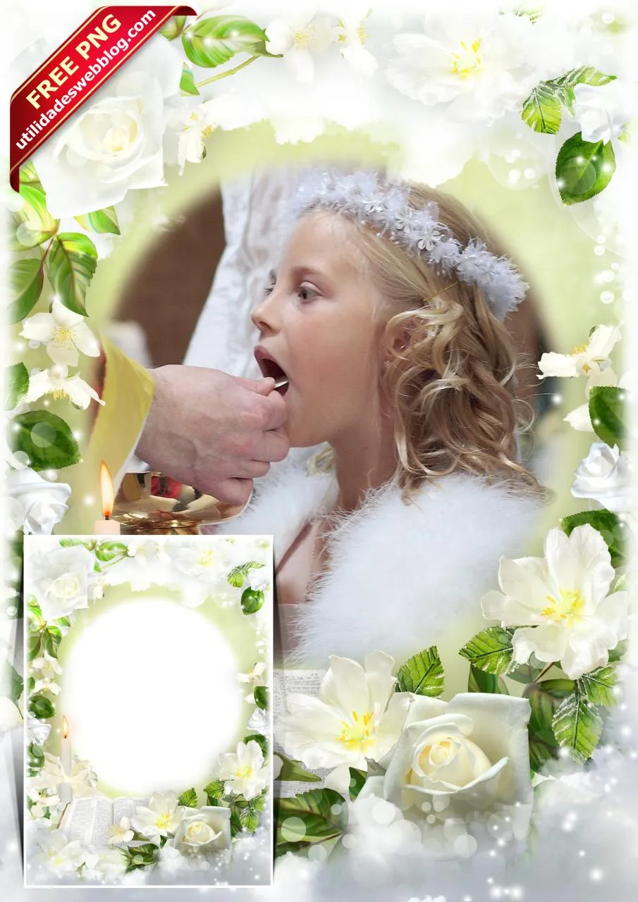 Hermoso marco de primera comunión con flores blancas | Photo Frames Hermoso marco de primera comunión con flores blancas | Photo Frames