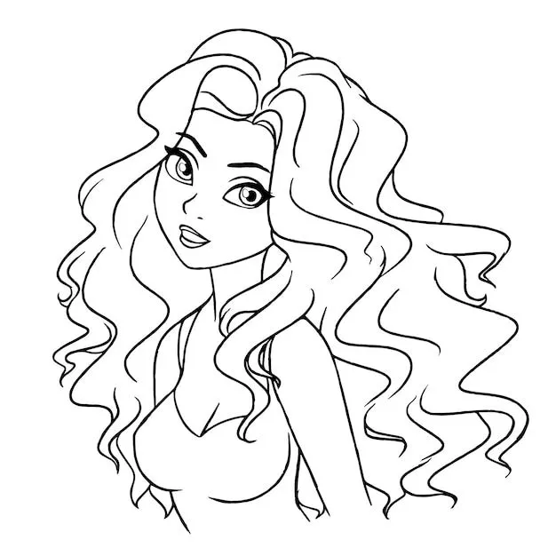 Hermoso retrato de niña sonriente de dibujos animados. pelo largo, ojos grandes. esquema de arte para colorear. | Vector Premium Hermoso retrato de niña sonriente de dibujos animados. pelo largo, ojos grandes. esquema de arte para colorear. | Vector Premium