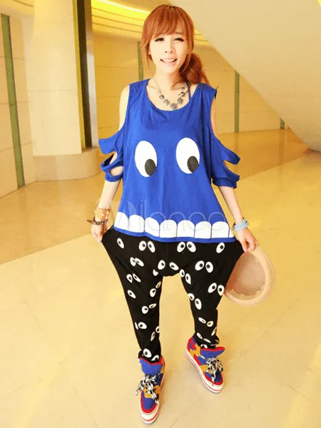 Hip Hop estilo azul bicolor de gran tamaño impresión escote ...