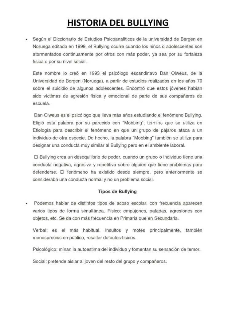 Historia Del Bullying | PDF | Psicología anormal | Conceptos psicologicos Historia Del Bullying | PDF | Psicología anormal | Conceptos psicologicos