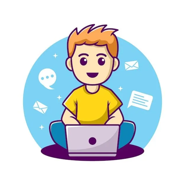 Hombre que trabaja en la ilustración de dibujos animados de la computadora  portátil | Vector Premium