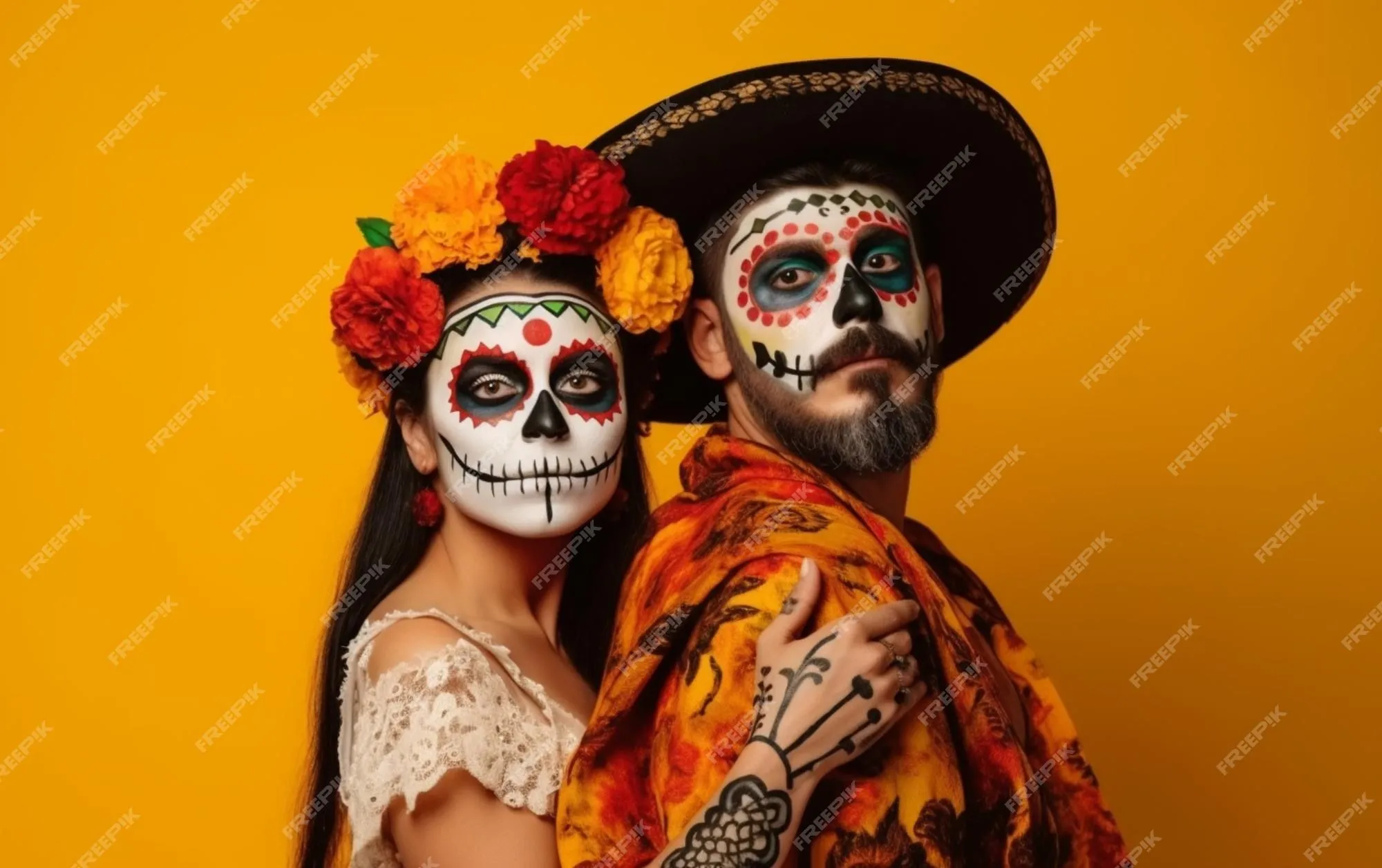 Un hombre y una mujer con caras pintadas y una máscara de calavera de azúcar mexicana en cinco de mayo | Foto Premium Un hombre y una mujer con caras pintadas y una máscara de calavera de azúcar mexicana en cinco de mayo | Foto Premium