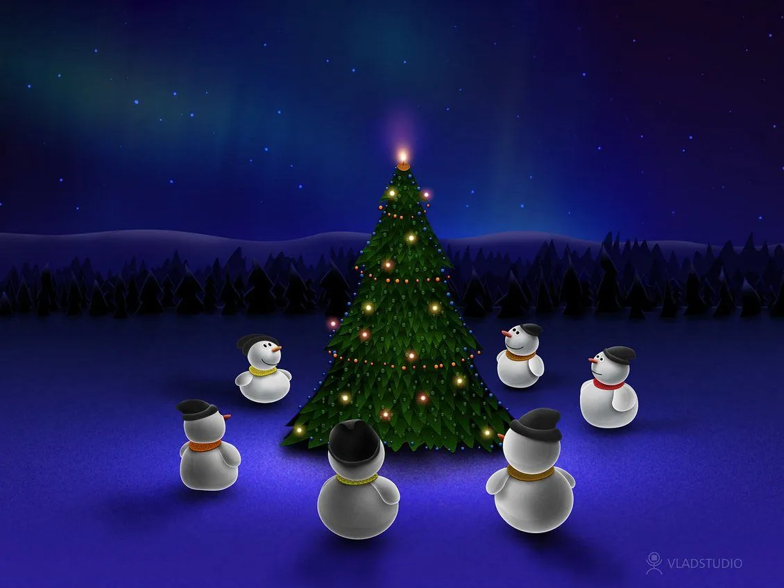 Los hombres de nieve observan su bonito árbol de navidad en la ... Los hombres de nieve observan su bonito árbol de navidad en la ...