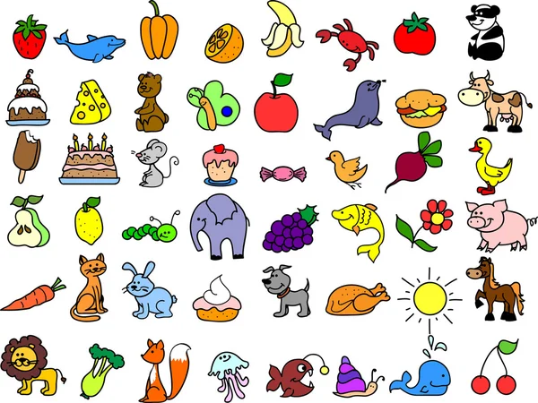 iconos de dibujos animados de animales, alimentos — Vector stock ...
