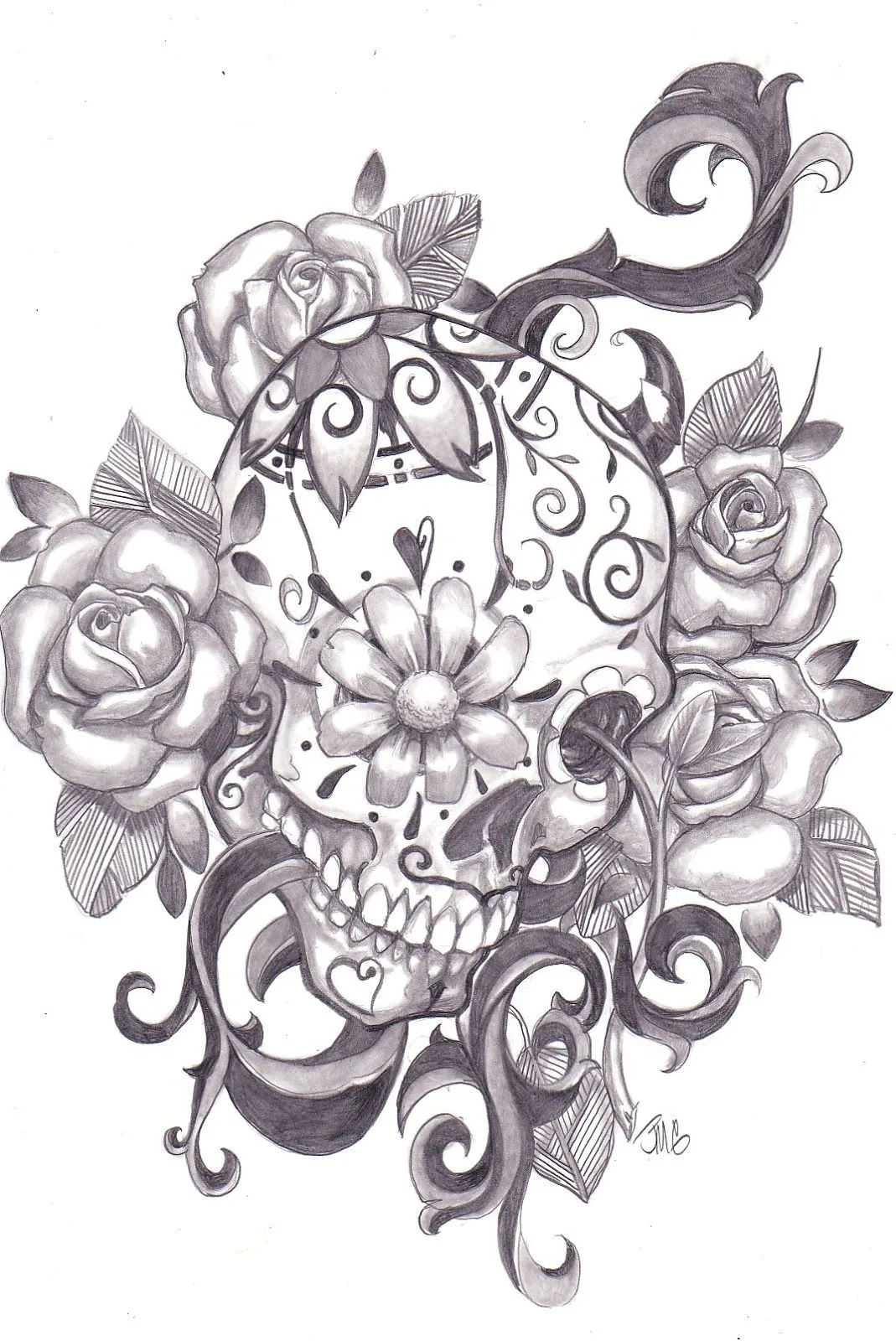 Ideas para tu tattoo: Calavera mejicana entre rosas Ideas para tu tattoo: Calavera mejicana entre rosas