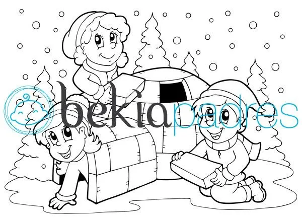 Iglú con esquimales: dibujo para colorear