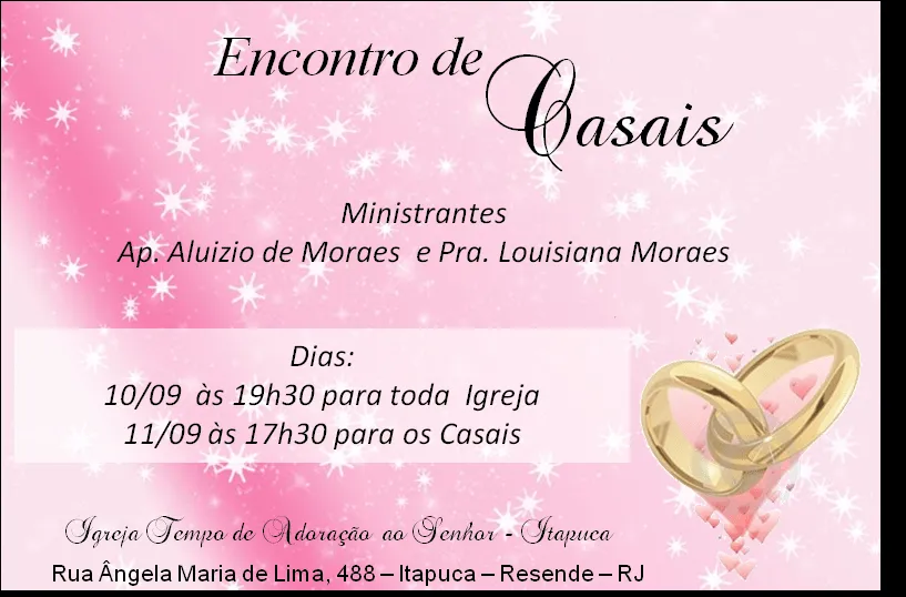 IGREJA TEMPO DE ADORAÇÃO: Encontro de Casais IGREJA TEMPO DE ADORAÇÃO: Encontro de Casais